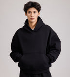 Men's black pullover hoodie with hood and front pouch pocket