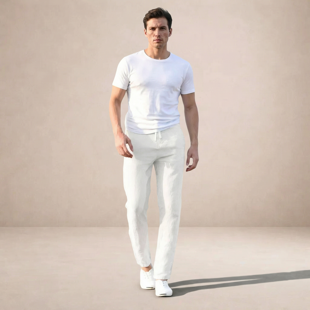 Men's regular fit trousers with an elastic drawstring waist and tapered legs