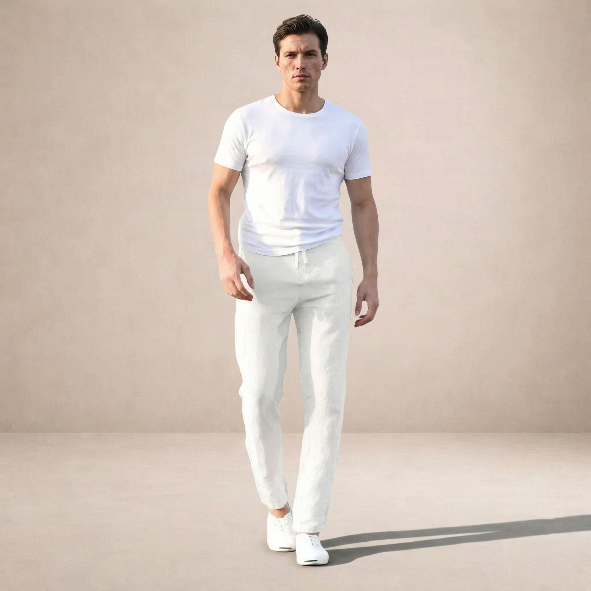 Men's regular fit trousers with an elastic drawstring waist and tapered legs