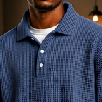 Men's textured long-sleeve polo knit sweater with button placket