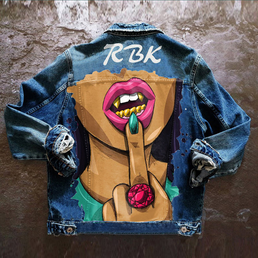 Denim jacket with colourful Halloween graphic on the back
