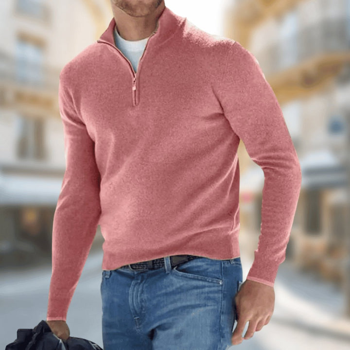 Men's long-sleeve quarter-zip knit sweater with mock neck