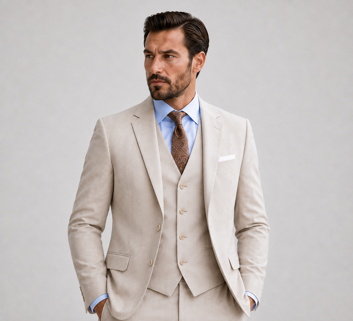 Men's three-piece suit with notch lapels, waistcoat, long sleeves and matching trousers