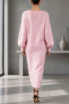 Women's textured knit V-neck midi dress with buttons, balloon sleeves and side slit