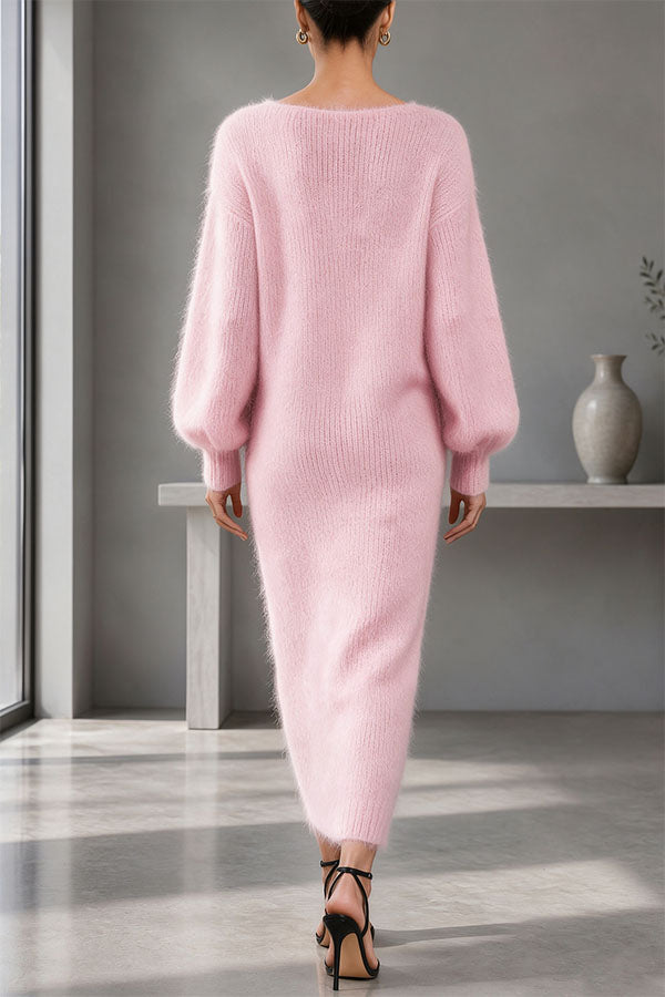 Women's textured knit V-neck midi dress with buttons, balloon sleeves and side slit