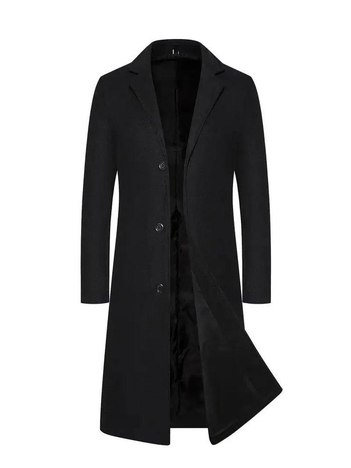 Men's long single-breasted overcoat with notched lapels