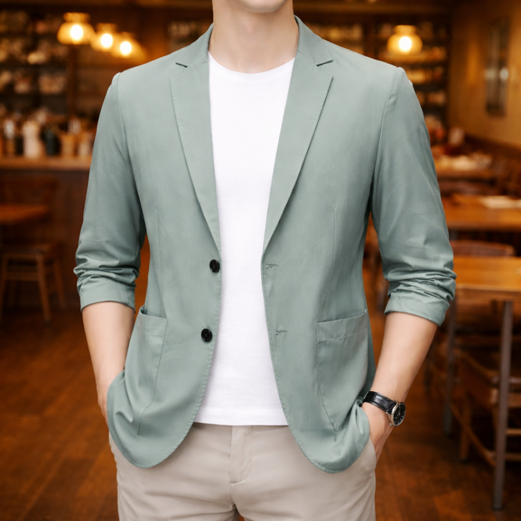 Men's casual blazer with notched lapels and front pockets