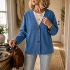 Women's collarless button-down cardigan with long sleeves and hip-length cut