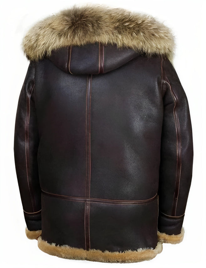 Men's dark brown hooded jacket with tan shearling-style lining and toggle fastenings