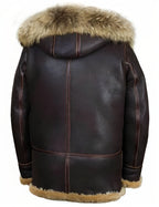 Men's dark brown hooded jacket with tan shearling-style lining and toggle fastenings