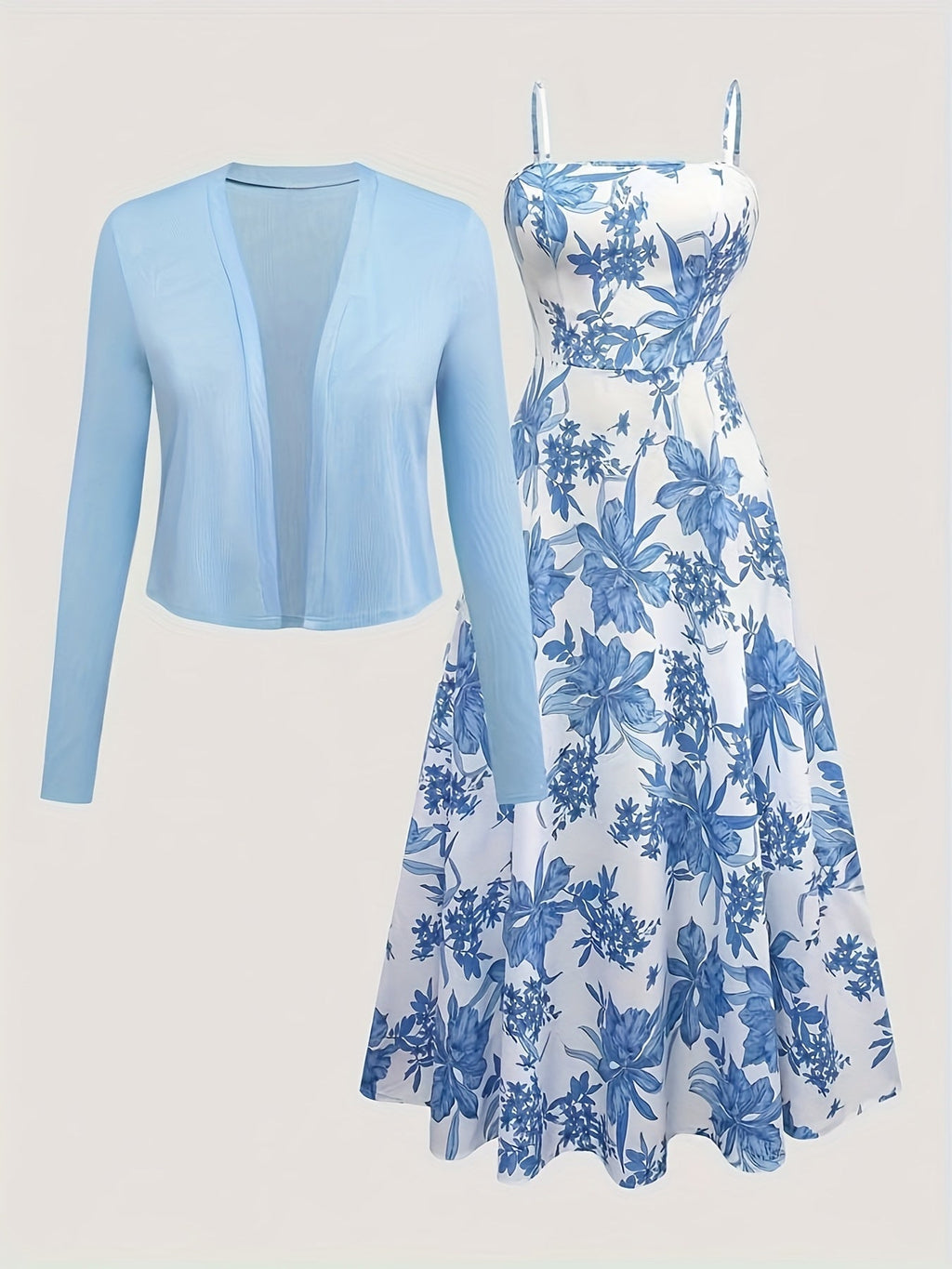 Women's floral midi dress with sweetheart neckline and matching long-sleeve cardigan