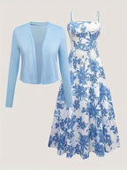 Women's floral midi dress with sweetheart neckline and matching long-sleeve cardigan
