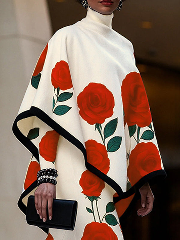 Women's floral cape outfit set with red roses and wide-leg trousers