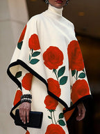 Women's floral cape outfit set with red roses and wide-leg trousers