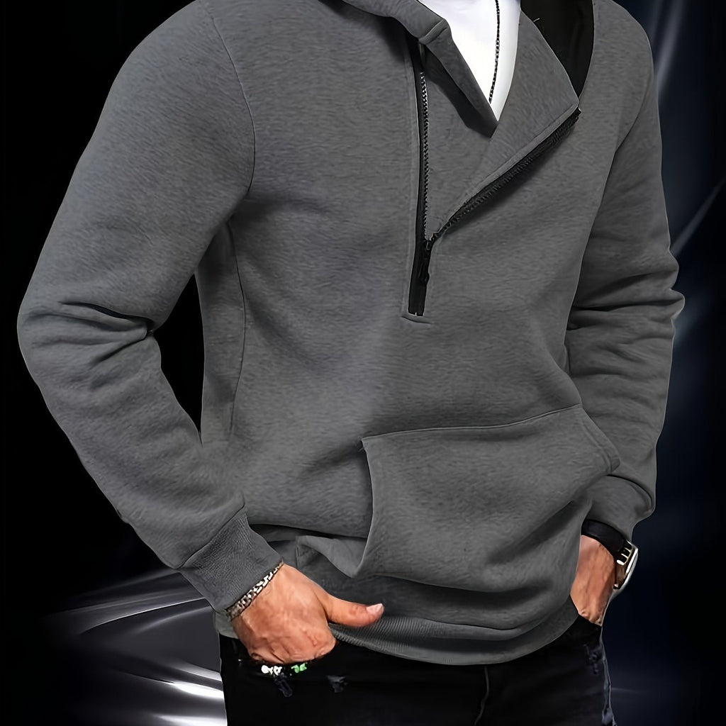 Men's hooded sweatshirt with diagonal zip detail and kangaroo pocket