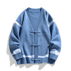 Men's striped V-neck cardigan sweater with long sleeves and tie closures