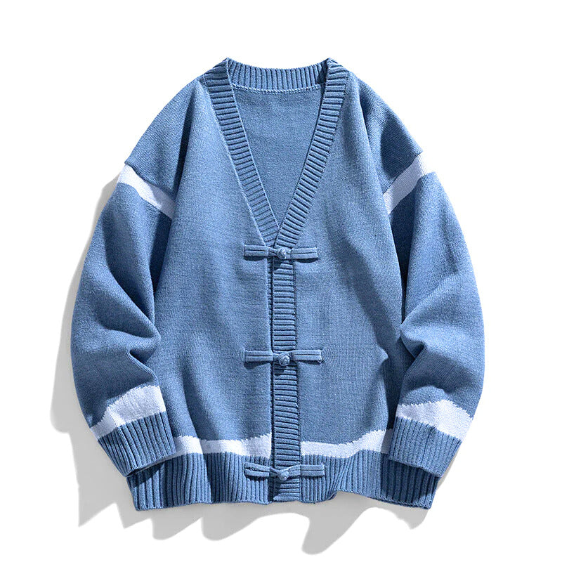 Men's striped V-neck cardigan sweater with long sleeves and tie closures