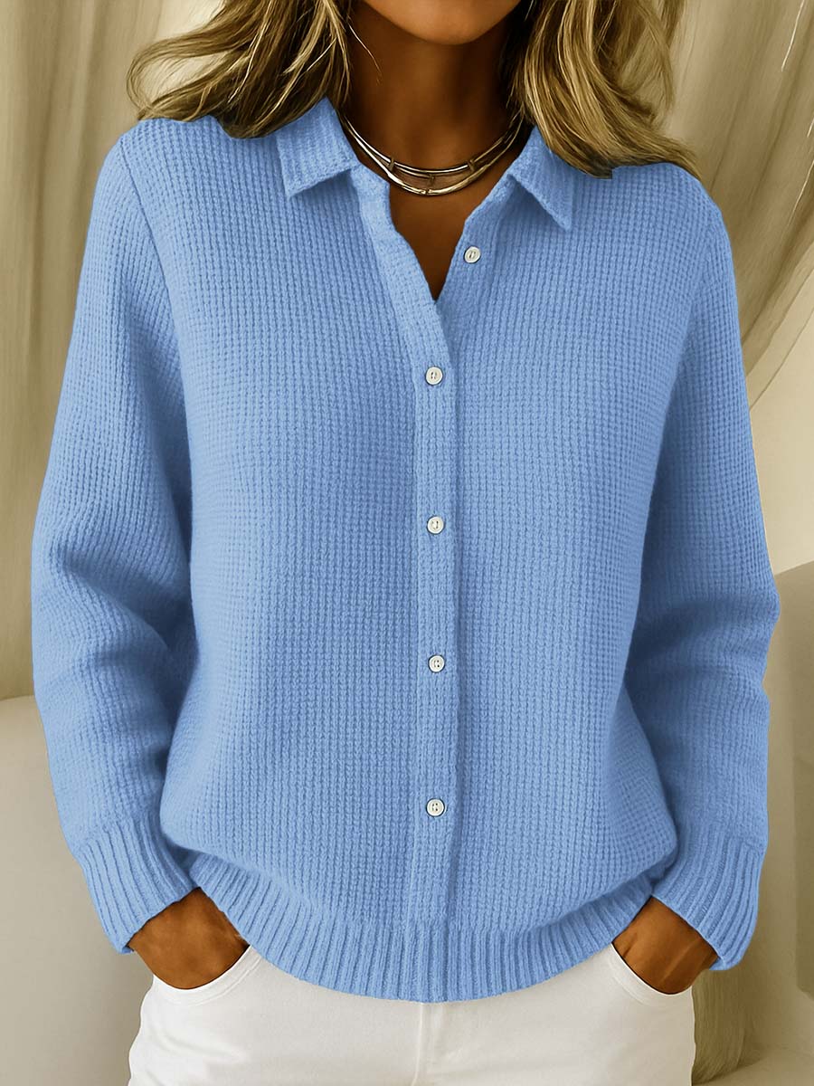 Women's ribbed button cardigan with collared neckline and long sleeves