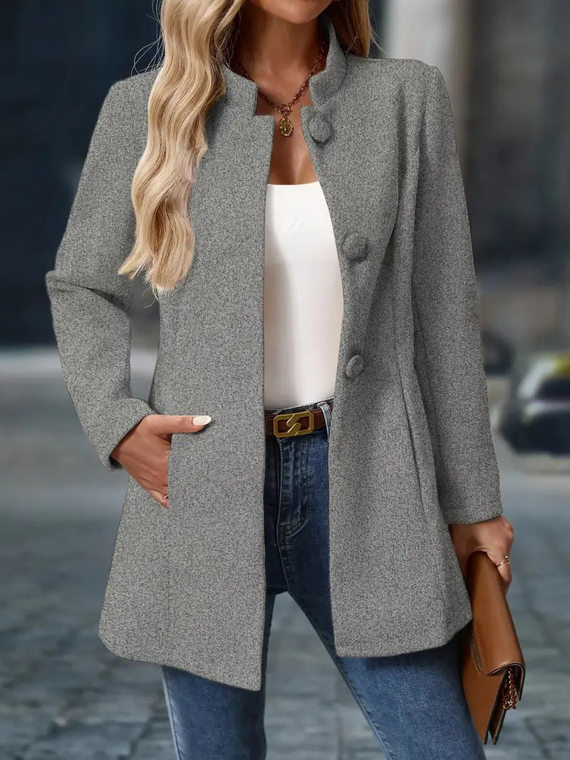 Women's slim-fit long coat with high neckline and covered buttons