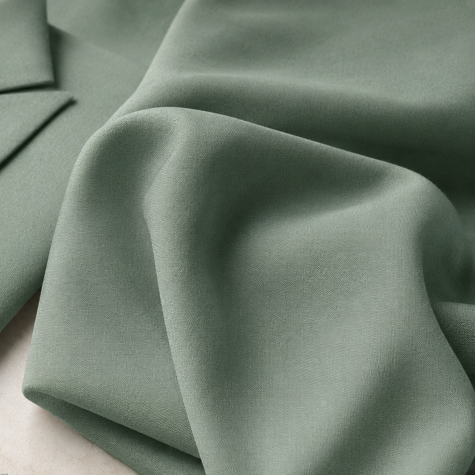 Men's muted green three-piece suit with textured jacket, waistcoat and trousers