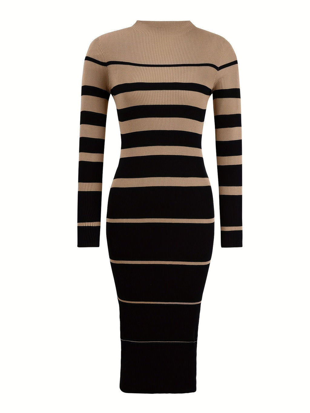 Women's striped ribbed sweater midi dress with round neck and long sleeves