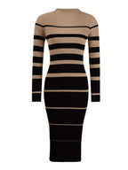 Women's striped ribbed sweater midi dress with round neck and long sleeves