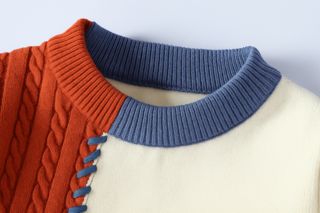 Unisex patchwork cable knit sweater with contrasting panels