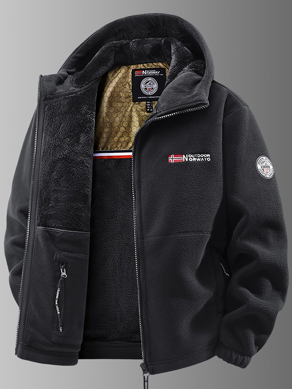 Men's hooded fleece jacket with full zip, long sleeves and front pockets