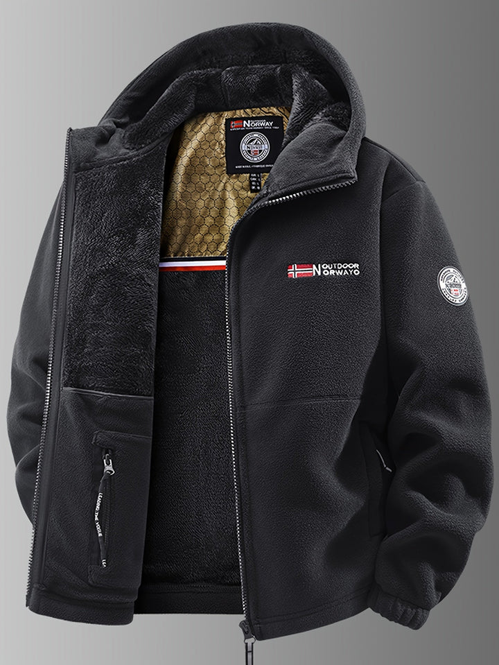 Men's hooded fleece jacket with full zip, long sleeves and front pockets