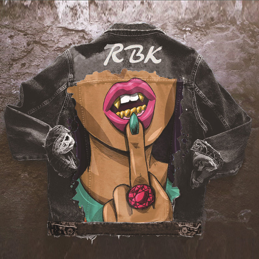 Denim jacket with colourful Halloween graphic on the back
