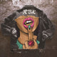 Denim jacket with colourful Halloween graphic on the back