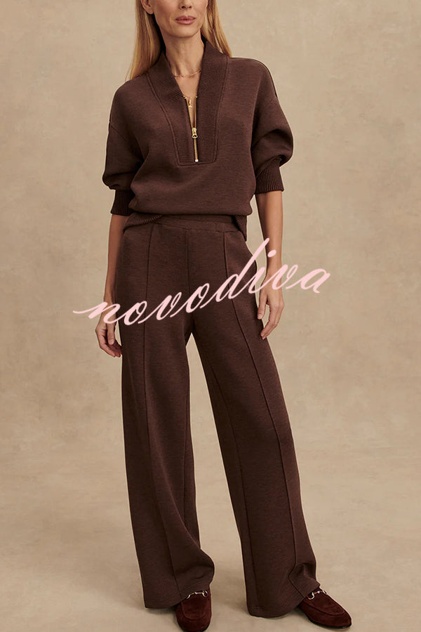 Women's ribbed half-zip sweatshirt and wide-leg trousers set