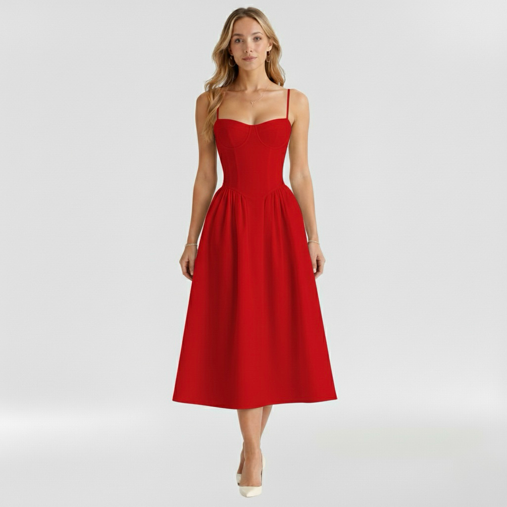 Women's floral corset midi dress with sweetheart neckline and spaghetti straps