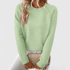 Women's long-sleeve crew neck jumper with shoulder buttons and cropped hem