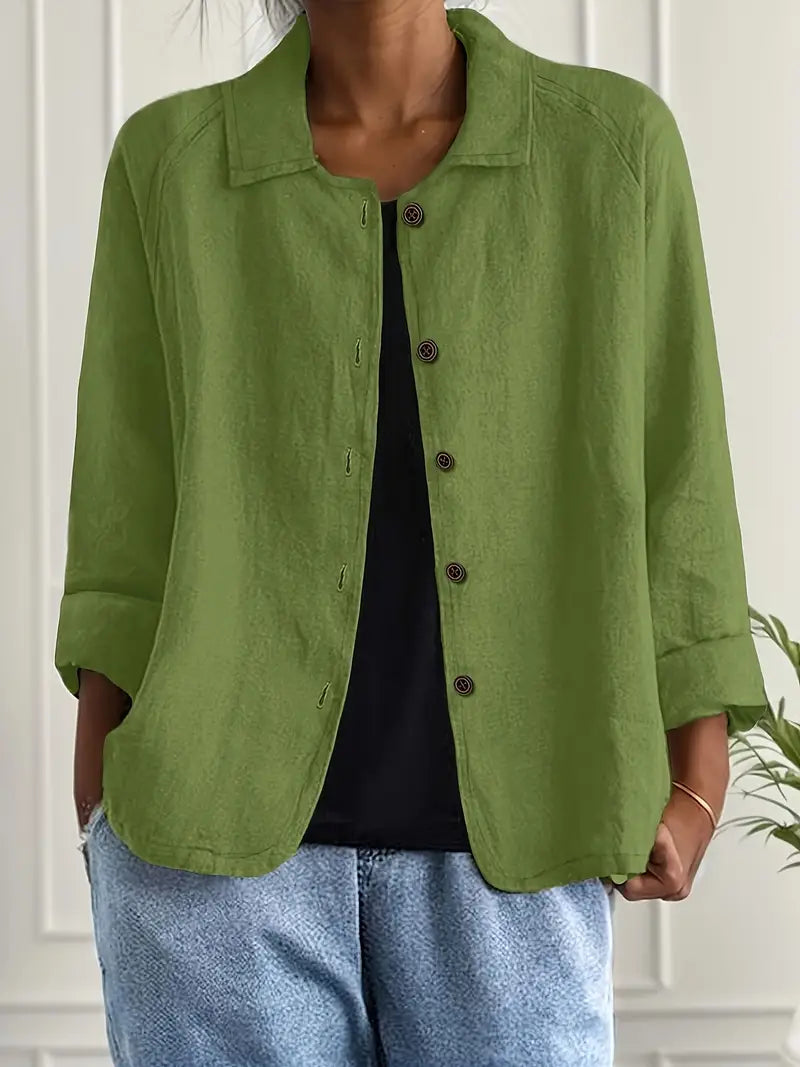 Women's collared shirt-style cardigan with button front and long sleeves