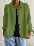 Women's collared shirt-style cardigan with button front and long sleeves