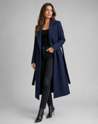 Women's navy longline wrap coat with notched lapels and tie belt