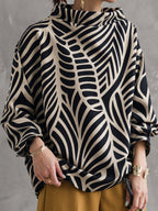 Women's abstract black and white high-neck sweatshirt with long sleeves