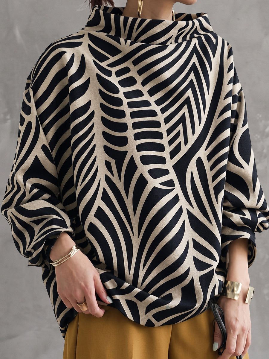 Women's abstract black and white high-neck sweatshirt with long sleeves