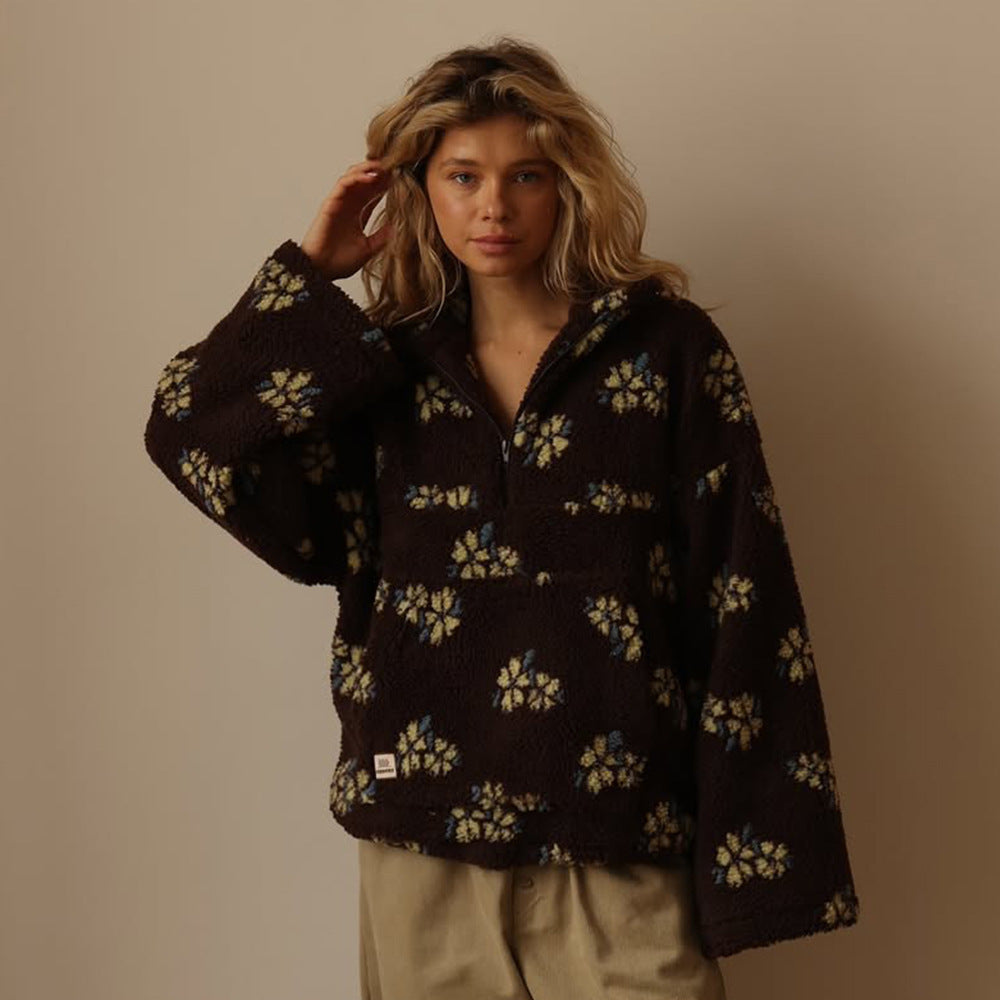 Women's floral fleece hoodie with hood, long sleeves, front zip and pouch pocket
