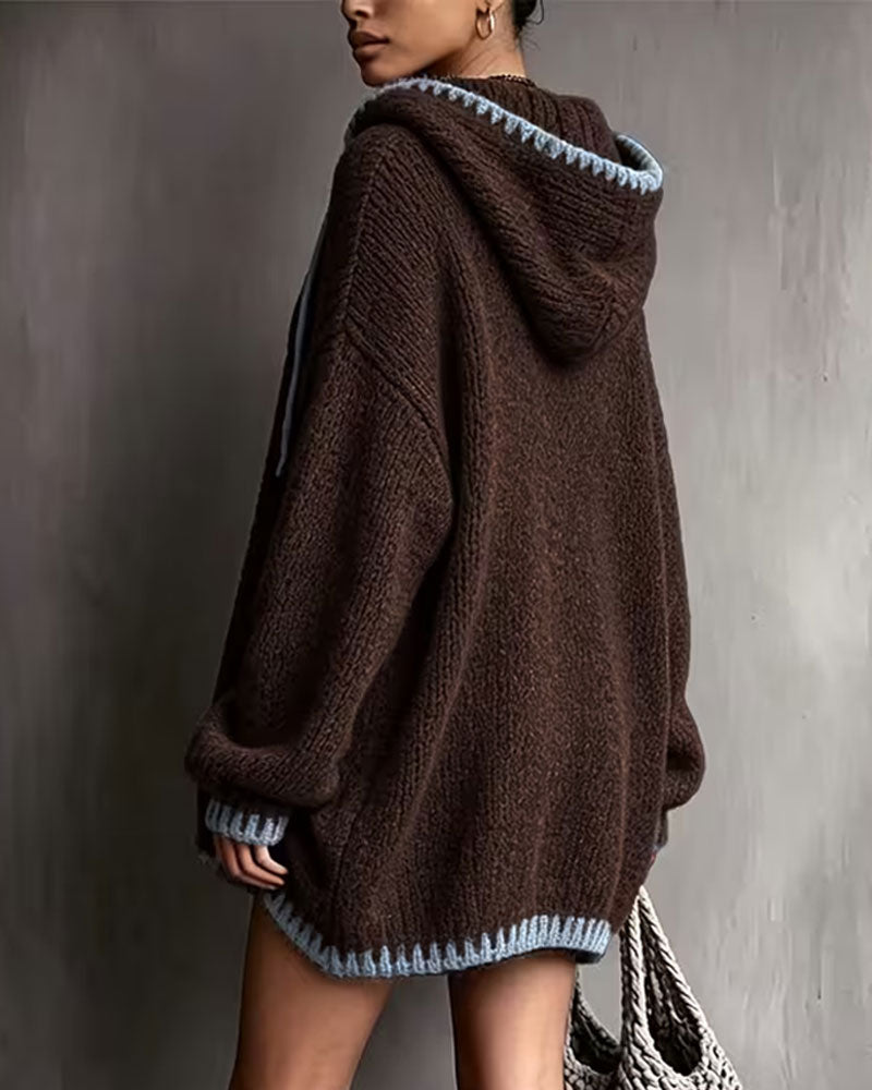 Women's brown hooded knitted mini dress with pale blue contrast trim