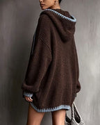 Women's brown hooded knitted mini dress with pale blue contrast trim