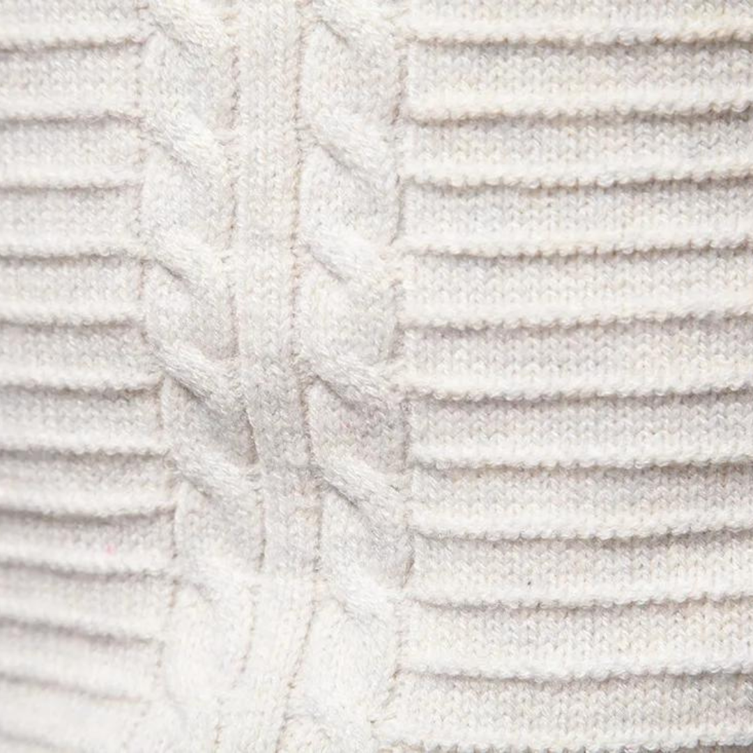 Men's cable knit crew neck jumper with patterned sleeves