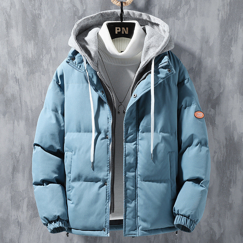 Men's hooded quilted puffer jacket with long sleeves and front zip fastening