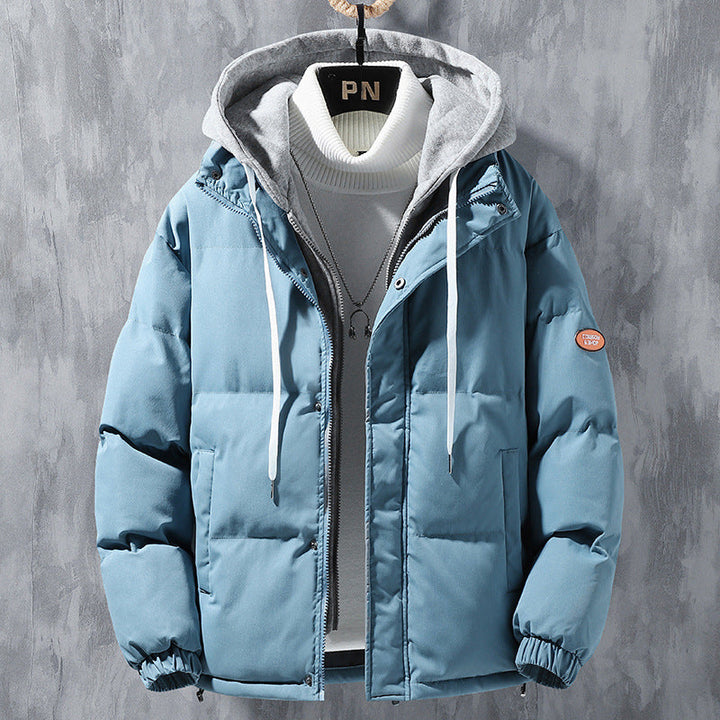 Men's hooded quilted puffer jacket with long sleeves and front zip fastening