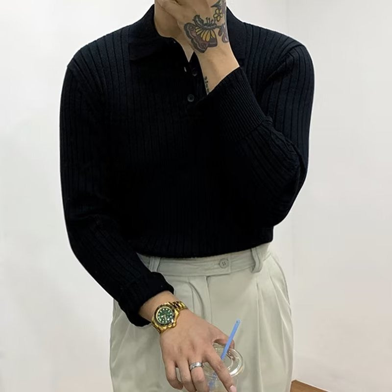 Men's long-sleeve ribbed polo sweater with lapel collar