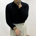 Men's long-sleeve ribbed polo sweater with lapel collar