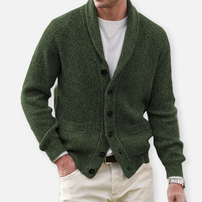 Men's ribbed knit cardigan with shawl collar and button front