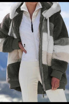 Women's striped hooded zip hoodie with plush textured finish and front pockets