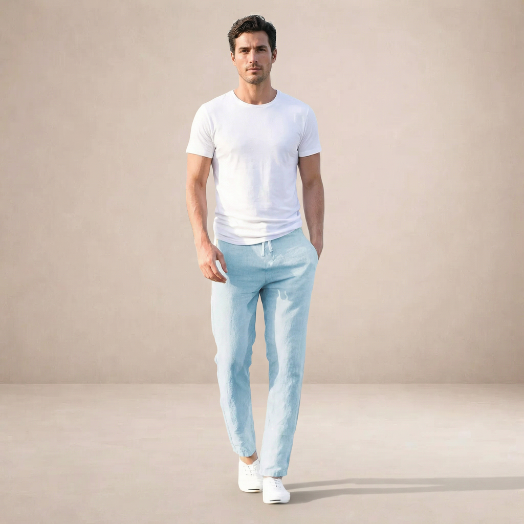 Men's regular fit trousers with an elastic drawstring waist and tapered legs